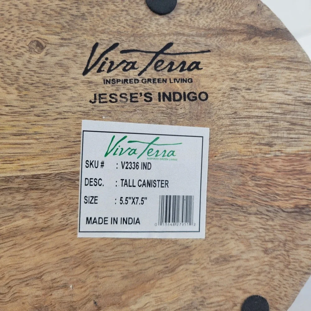 Viva Terra Tall Canister Jesses Indigo Blue‎ White Bohemian Evil Eye Wood Base